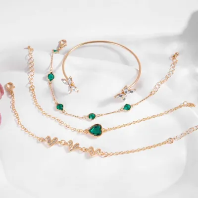 4 pcs Green Zircon Crystal Heart Flower Bracelet Set